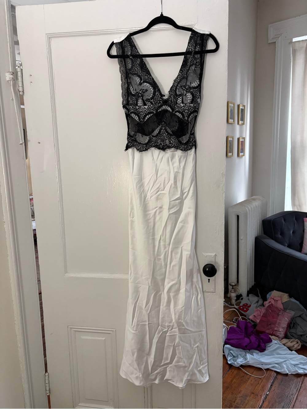 Black Lace & White Maxi Dress - Elegant Two-Tone Evening Gown